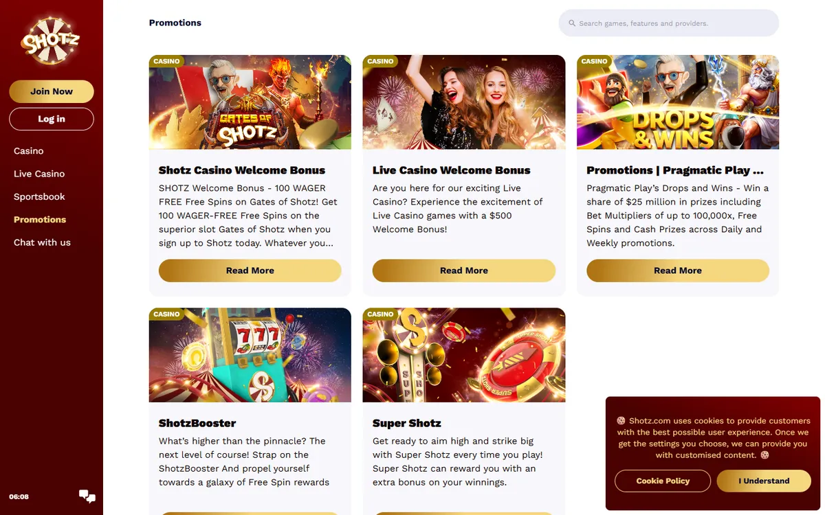 Shotz Casino — Promotions, captured from Canada