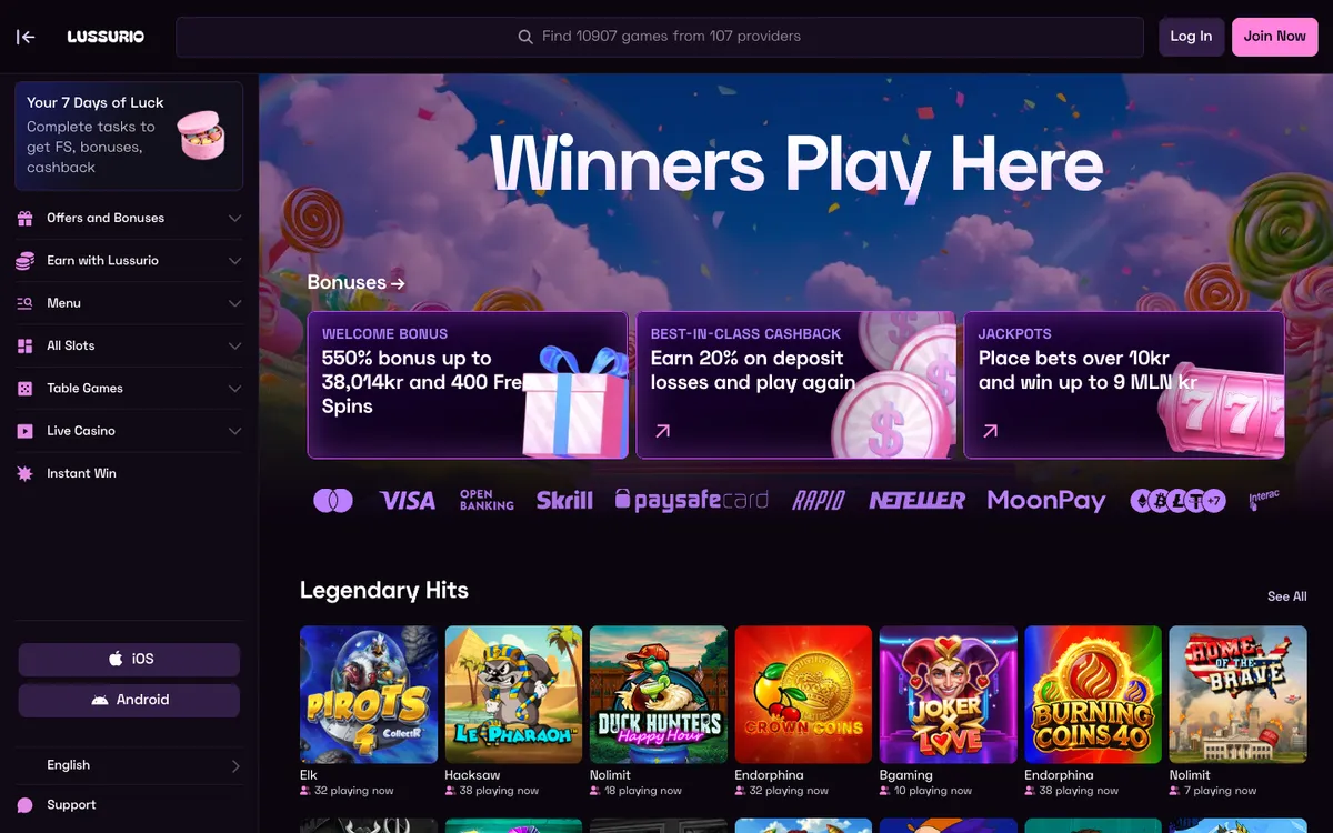 Lussurio Casino — Home page, captured from Norway