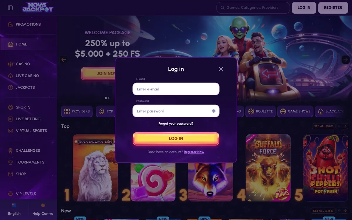 NovaJackpot Casino — Sign-up, captured from New Zealand