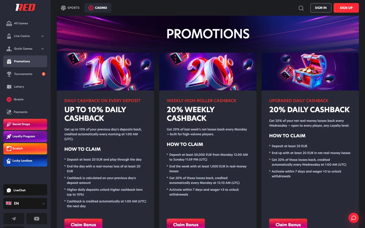 1Red Casino — «Акции», снято из страны ОАЭ