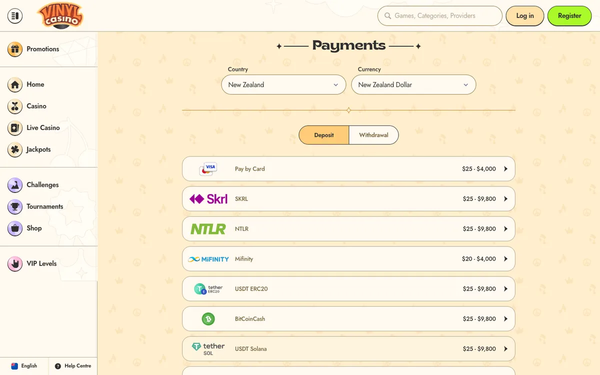 Vinyl Casino — Payments, captured from New Zealand