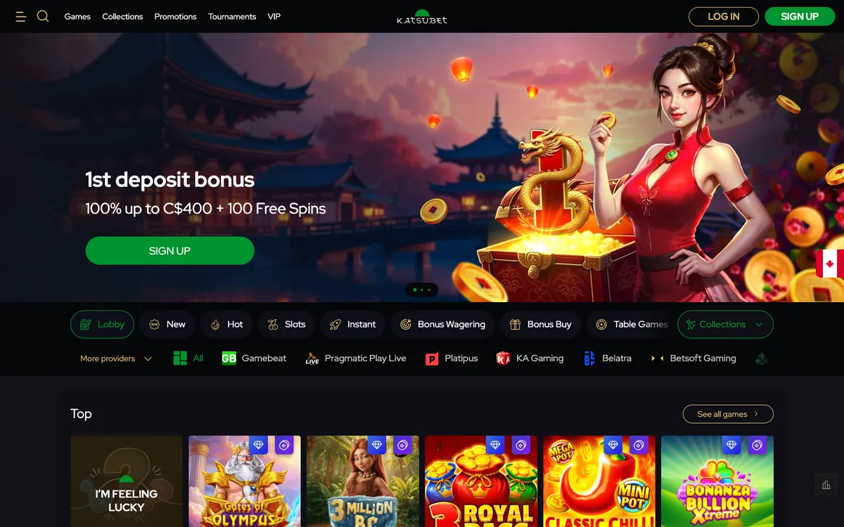 KatsuBet Casino — Home page, captured from Canada