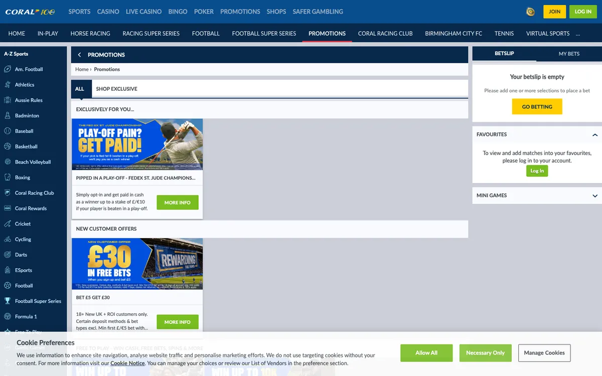 Coral Casino — Promotions, captured from United Kingdom