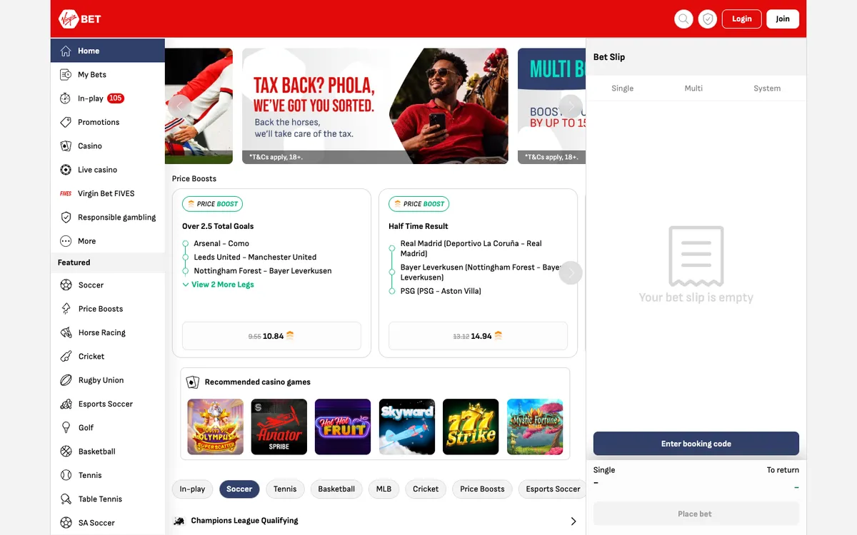 Virgin Bet Casino — Home page, captured from South Africa