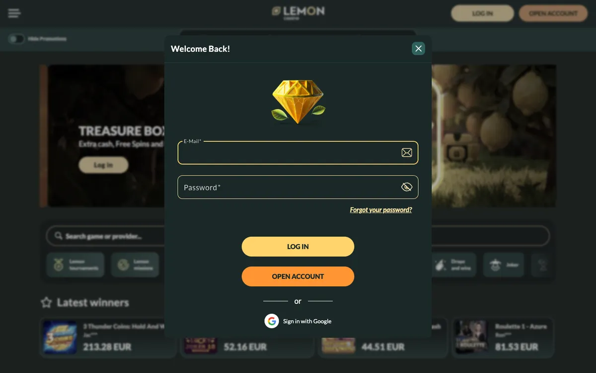 Lemon Casino — «Регистрация», снято из страны Австрия