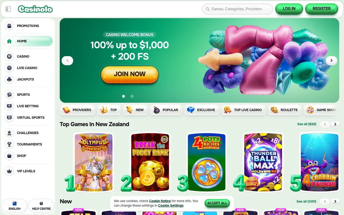 Casinolo Casino — Home page, captured from New Zealand