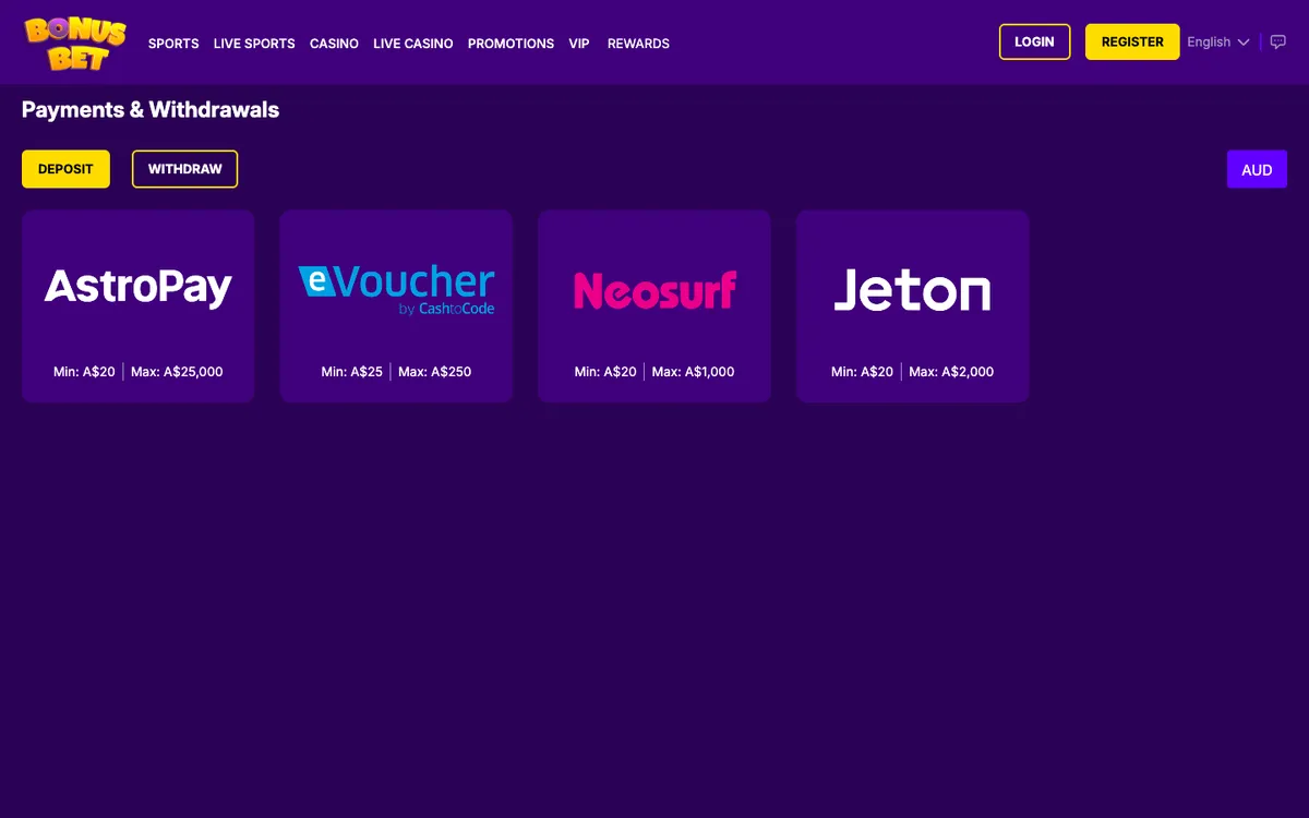 BonusBet Casino — Payments, captured from Australia