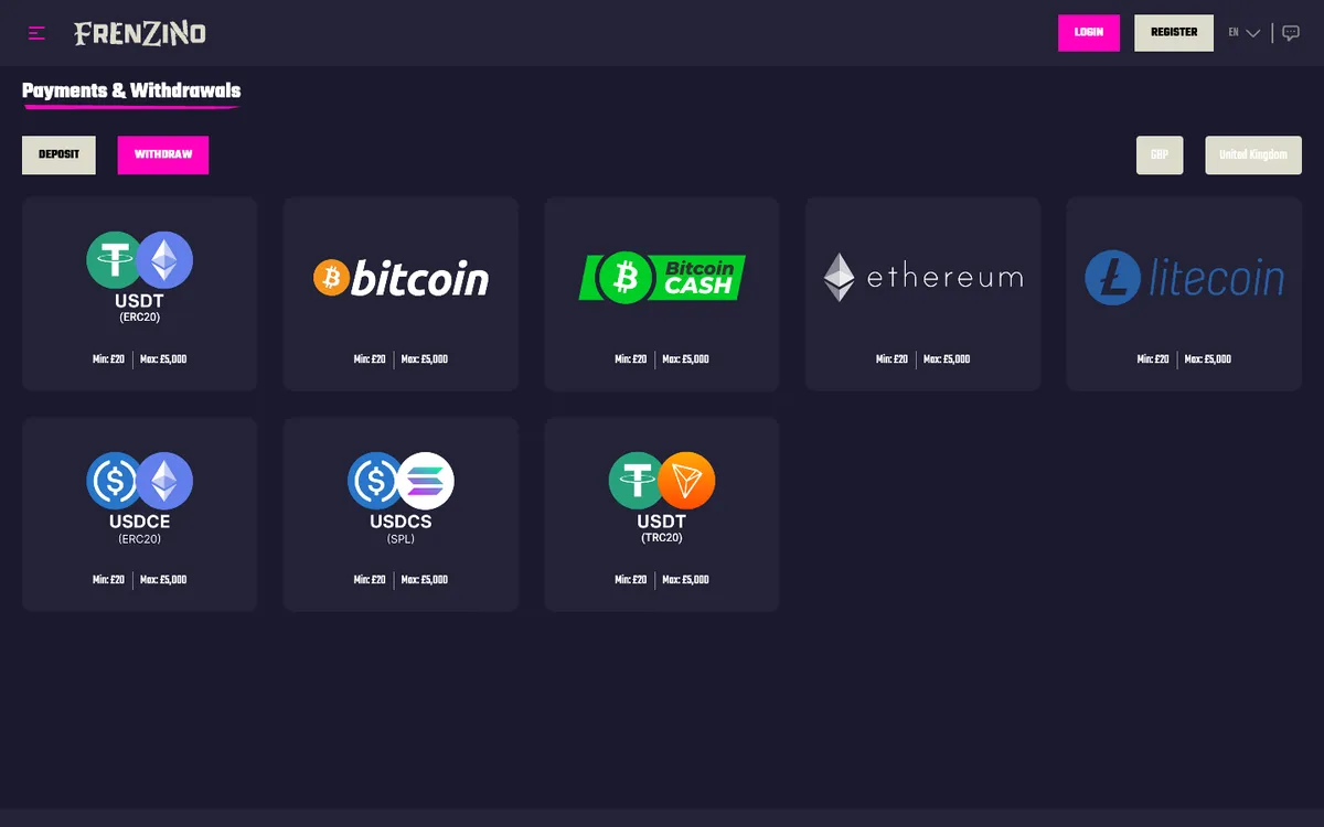 Frenzino Casino — Payments, captured from United Kingdom