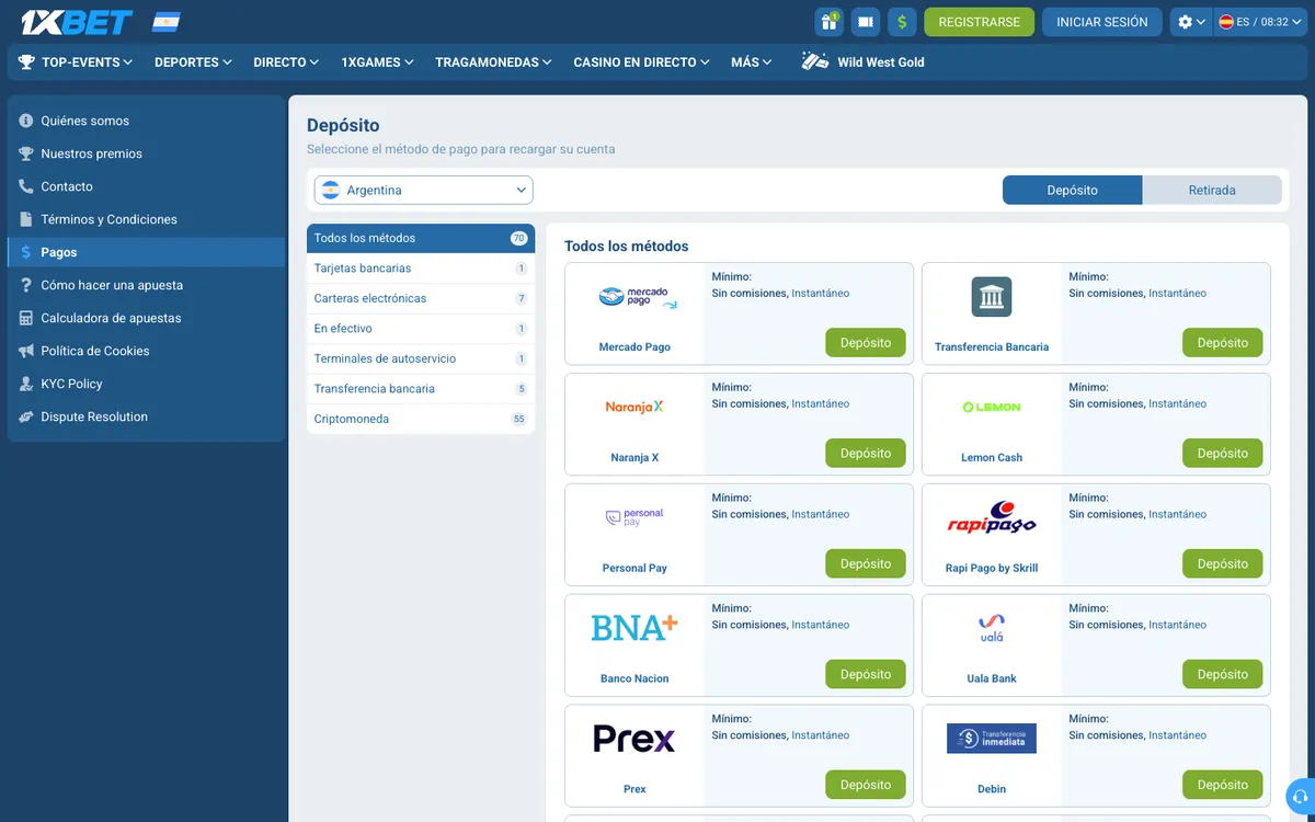 1xBet Casino — Payments, captured from Argentina
