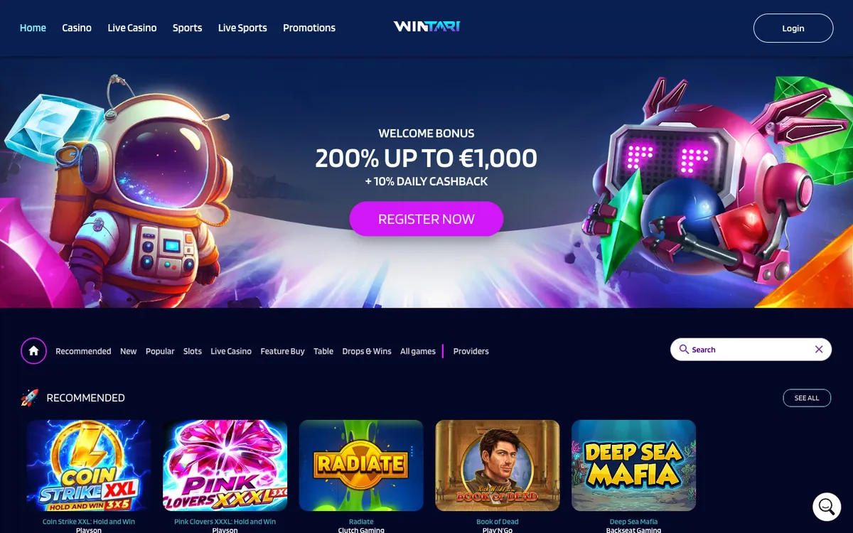 Wintari Casino — Home page, captured from Australia