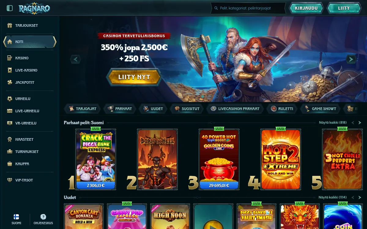 Ragnaro Casino — «Главная», снято из страны Финляндия
