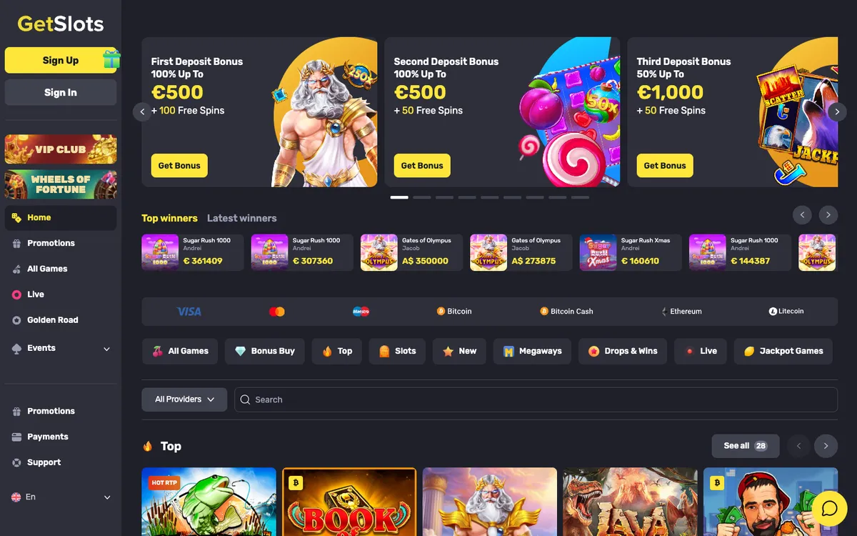GetSlots Casino — Home page, captured from Canada