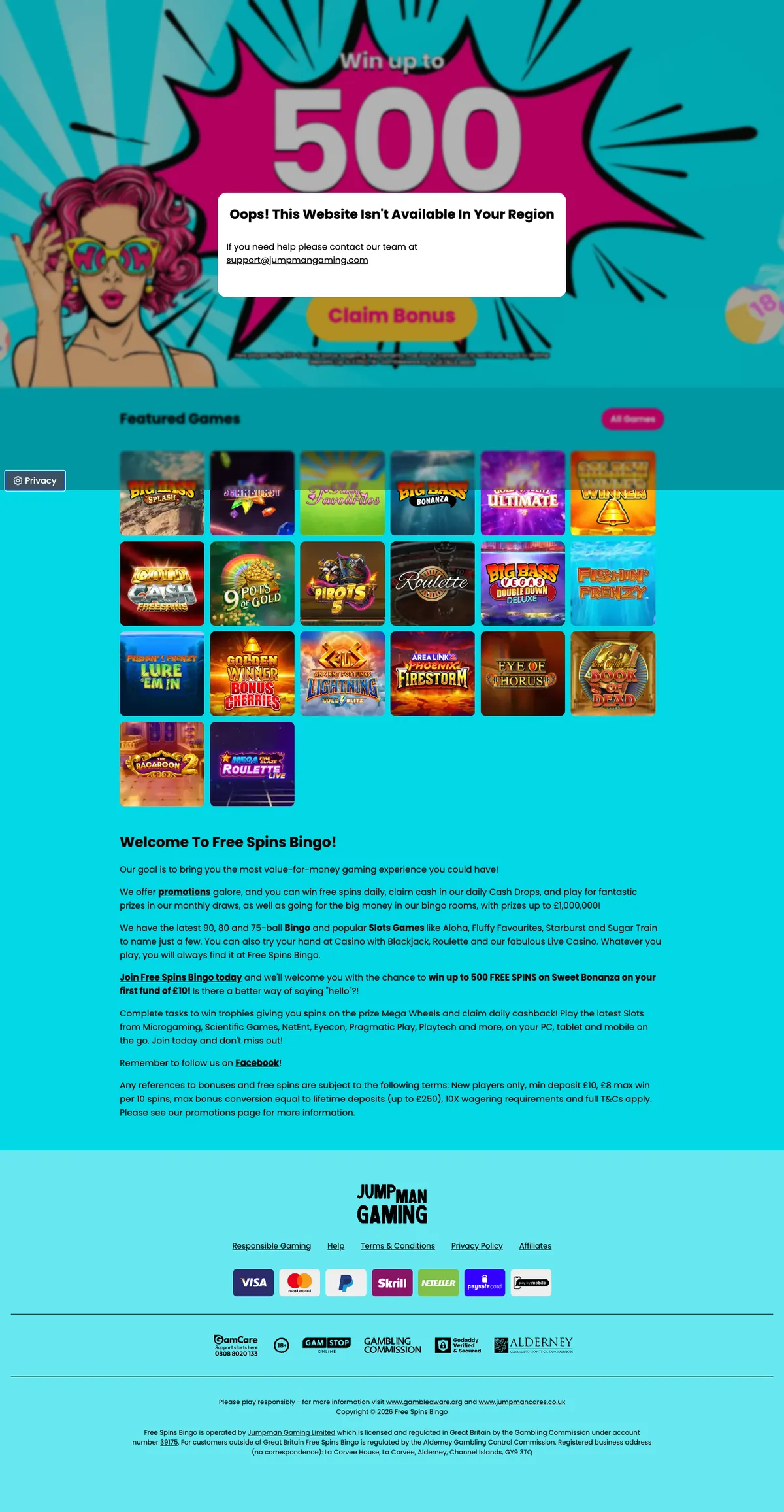 Free Spins Bingo Casino — Home page, captured from Austria