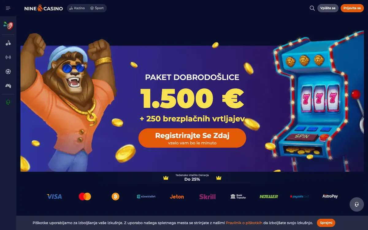 NineCasino — Home page, captured from Slovenia