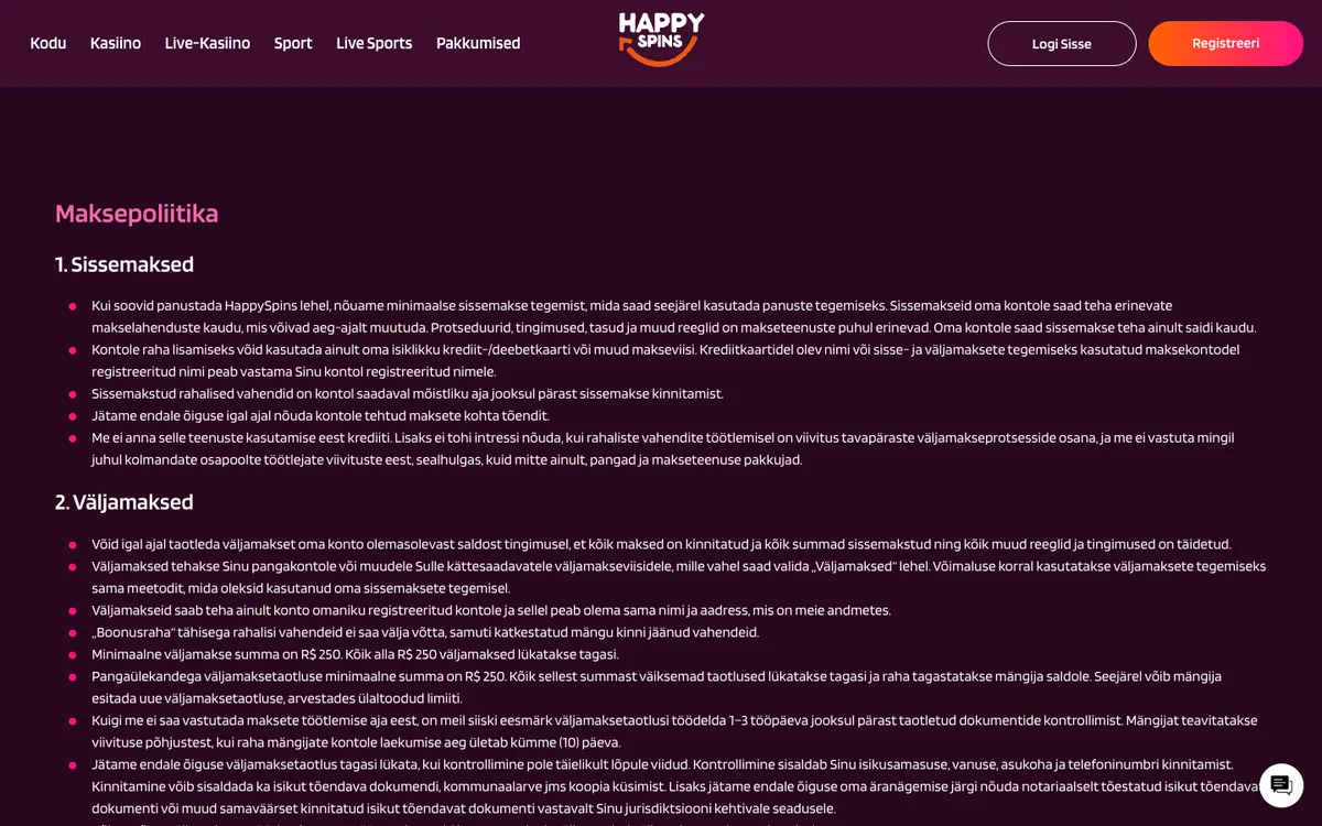 HappySpins Casino — «Платежи», снято из страны Эстония