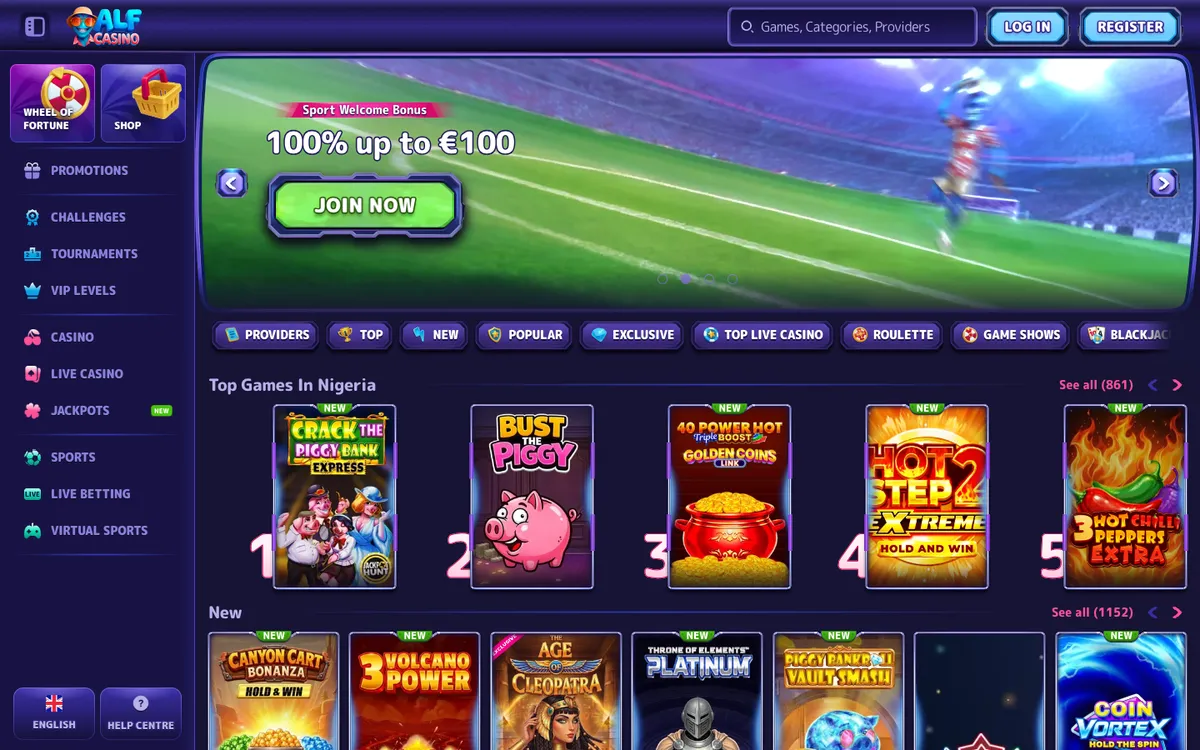 Alf Casino — Home page, captured from Nigeria