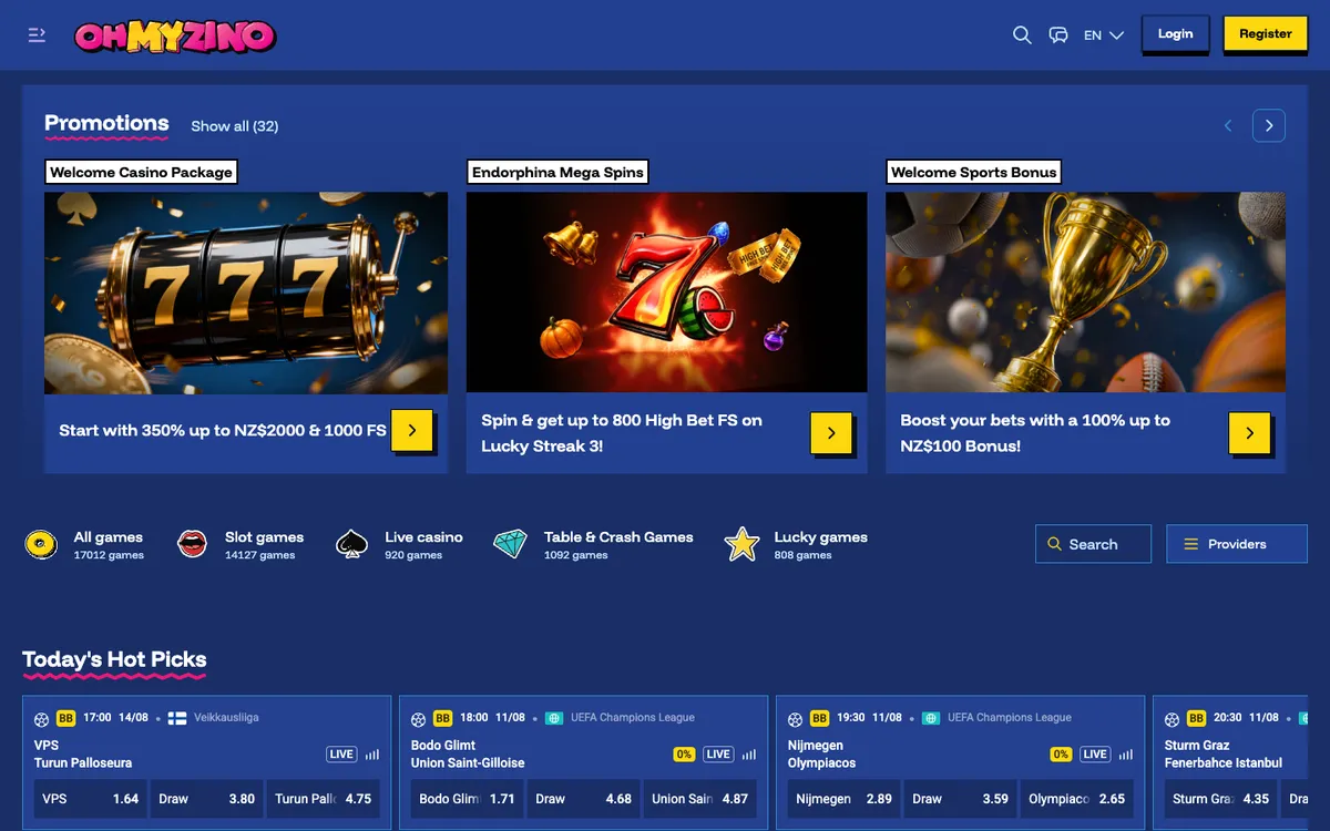 OhMyZino Casino — Home page, captured from New Zealand
