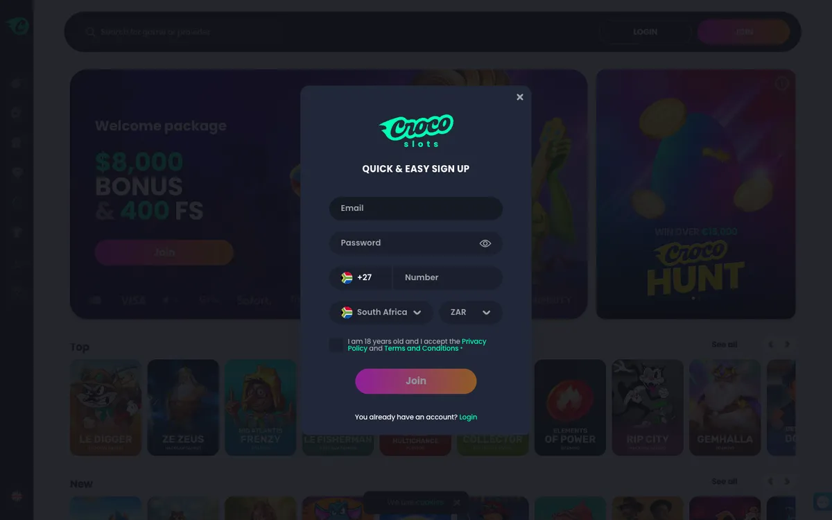 CrocoSlots Casino — Sign-up, captured from South Africa