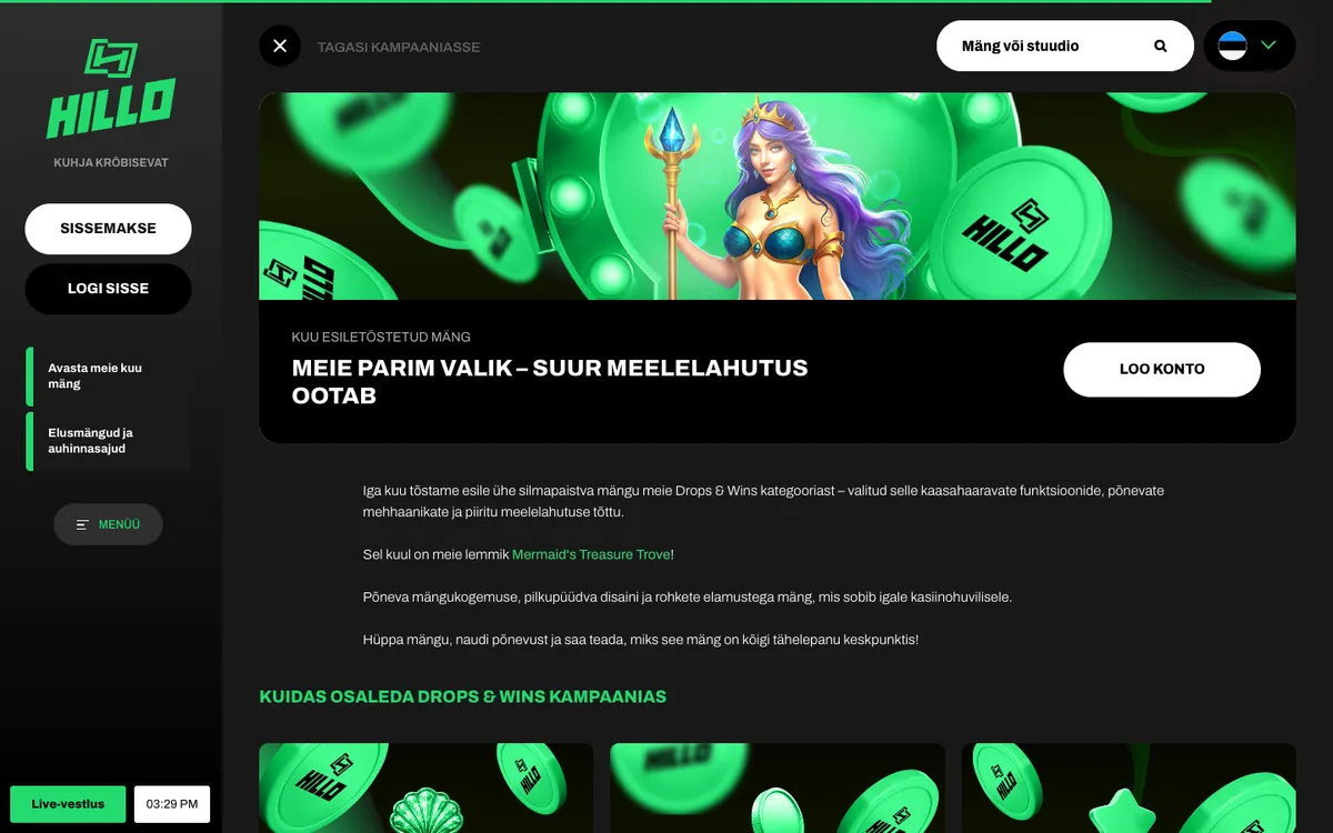 Hillo Casino — Promotions, captured from Estonia