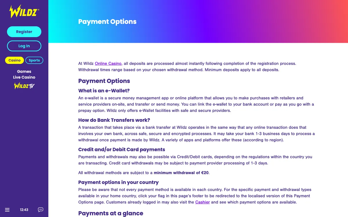 Wildz Casino — Payments, captured from Belgium