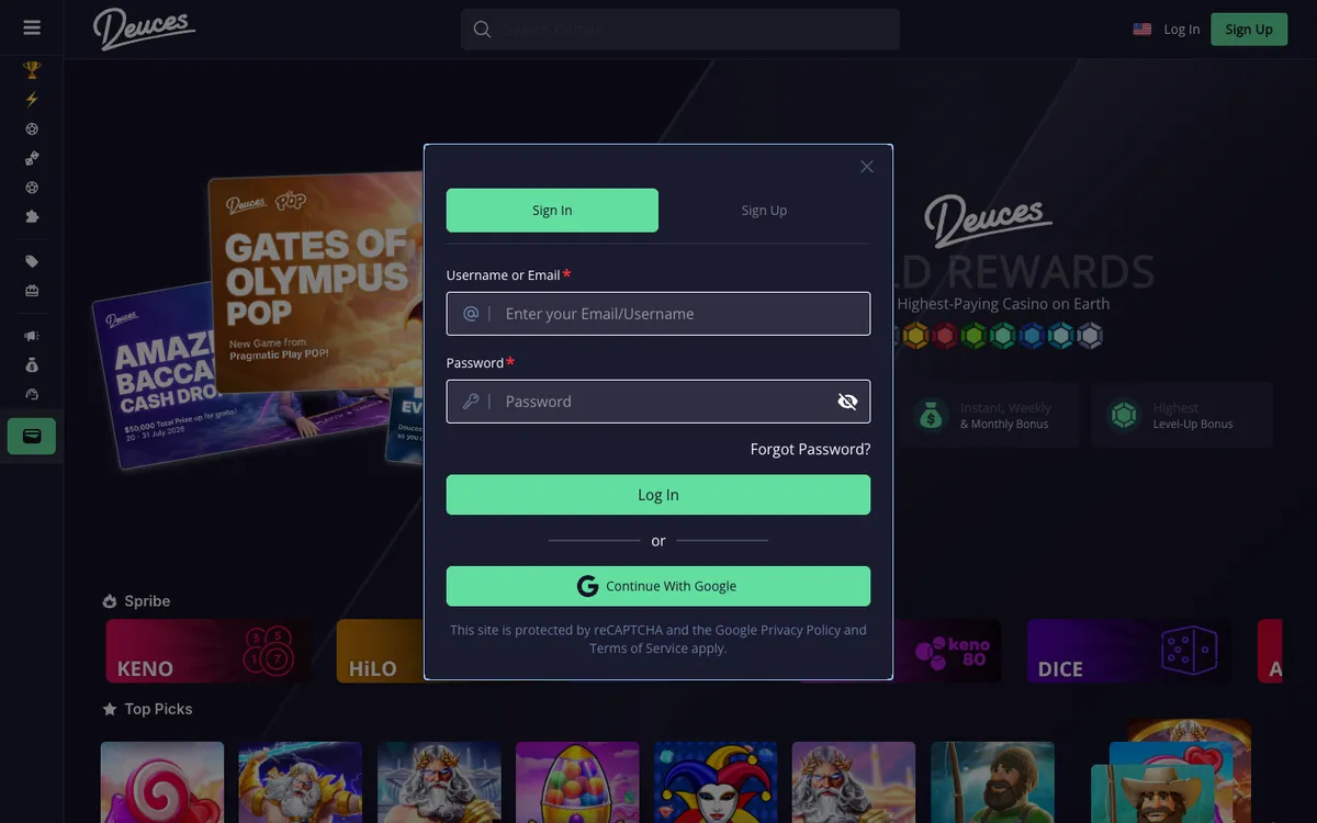 Deuces Casino — Sign-up, captured from Brazil