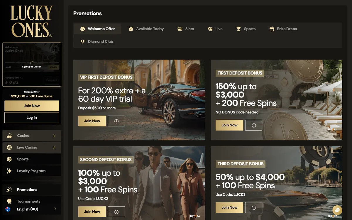 Lucky Ones Casino — Promotions, captured from Australia