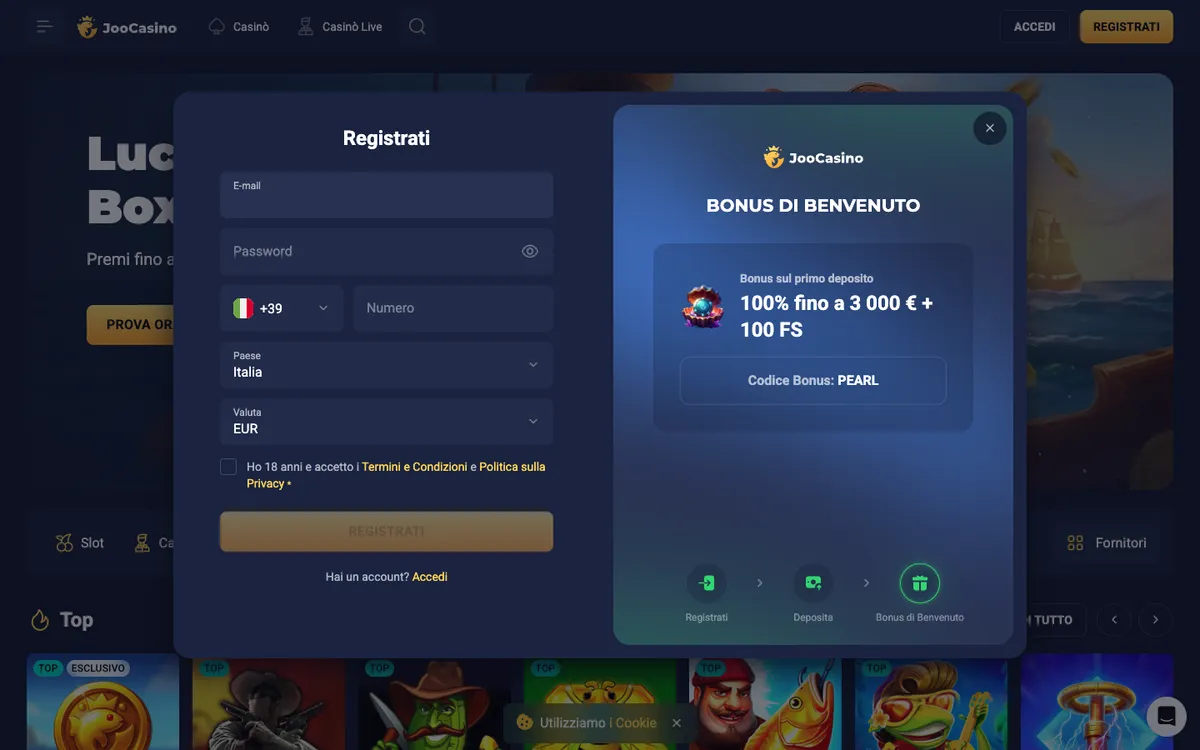 Joo Casino — «Регистрация», снято из страны Италия