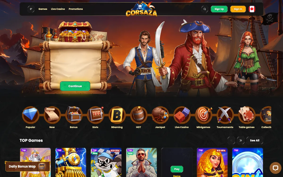 Corsaza Casino — Home page, captured from Canada