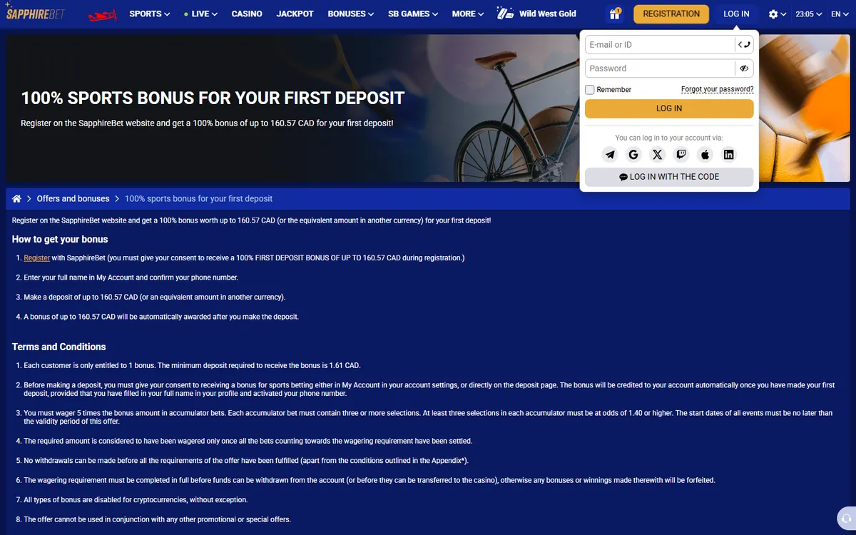 SapphireBet Casino — Sign-up, captured from Canada
