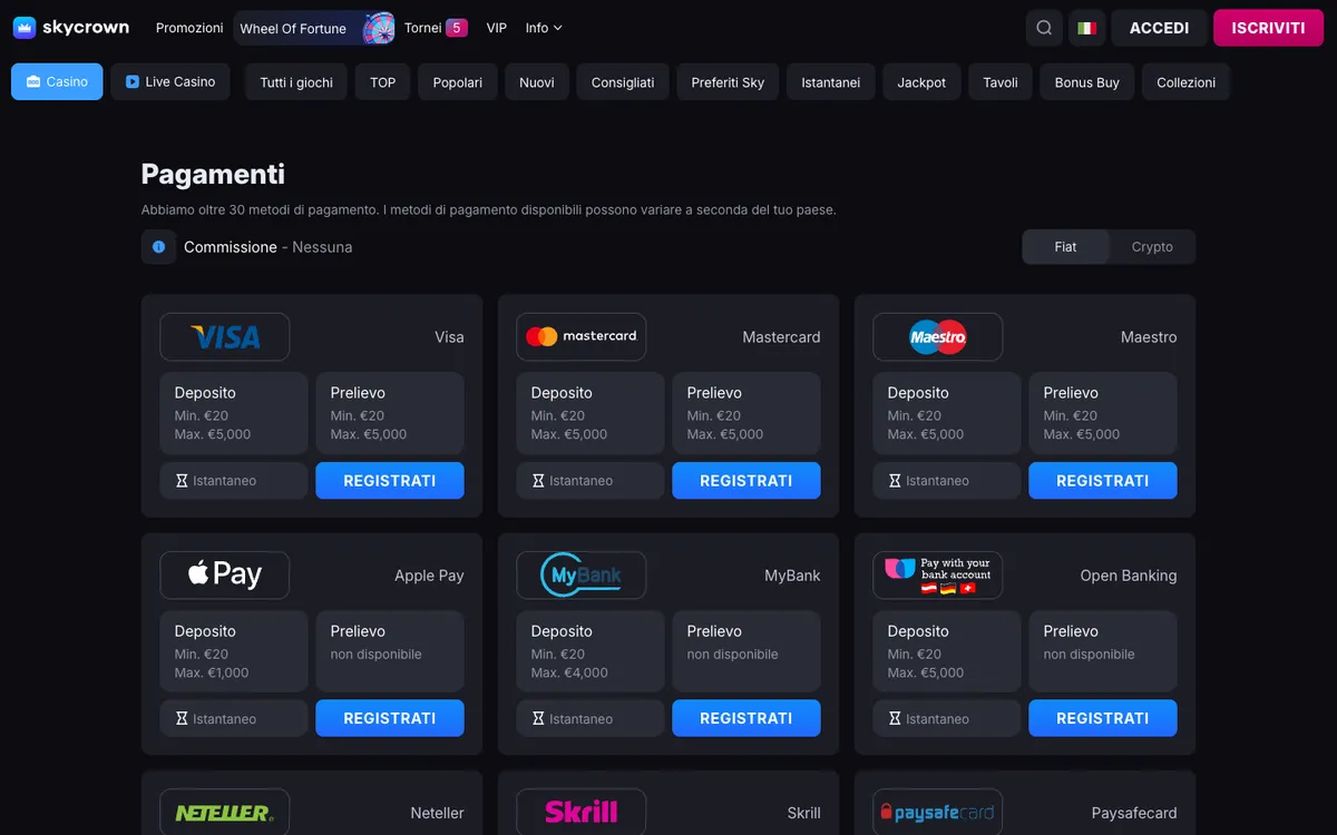 Skycrown Casino — Payments, captured from Italy