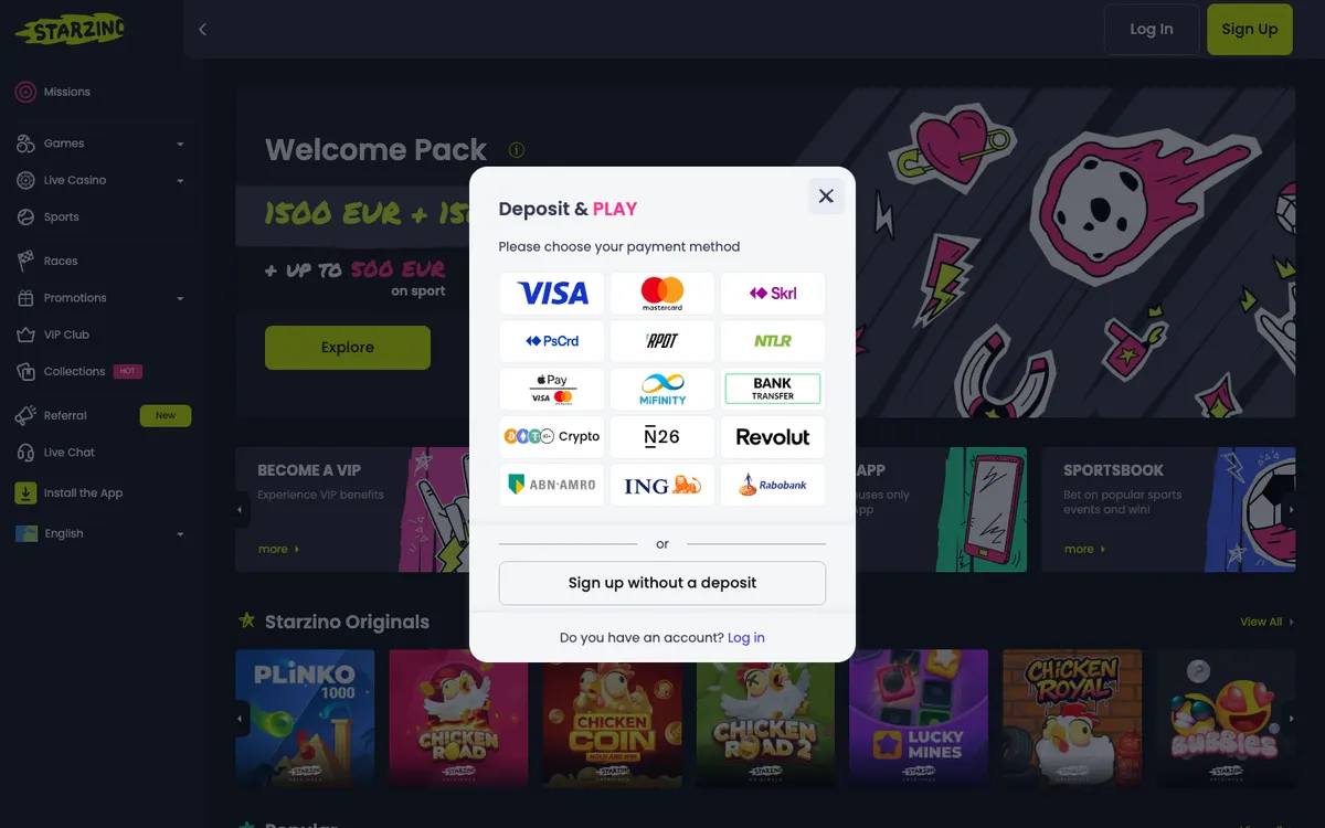 Starzino Casino — Home page, captured from Belgium