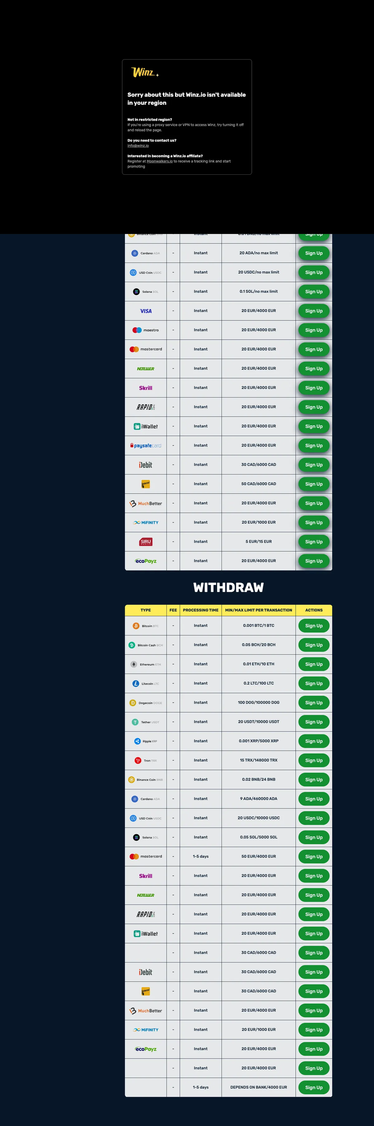 Winz.io Casino — «Платежи», снято из страны Португалия