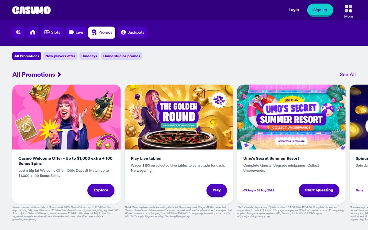 Casumo Casino — Promotions, captured from Canada