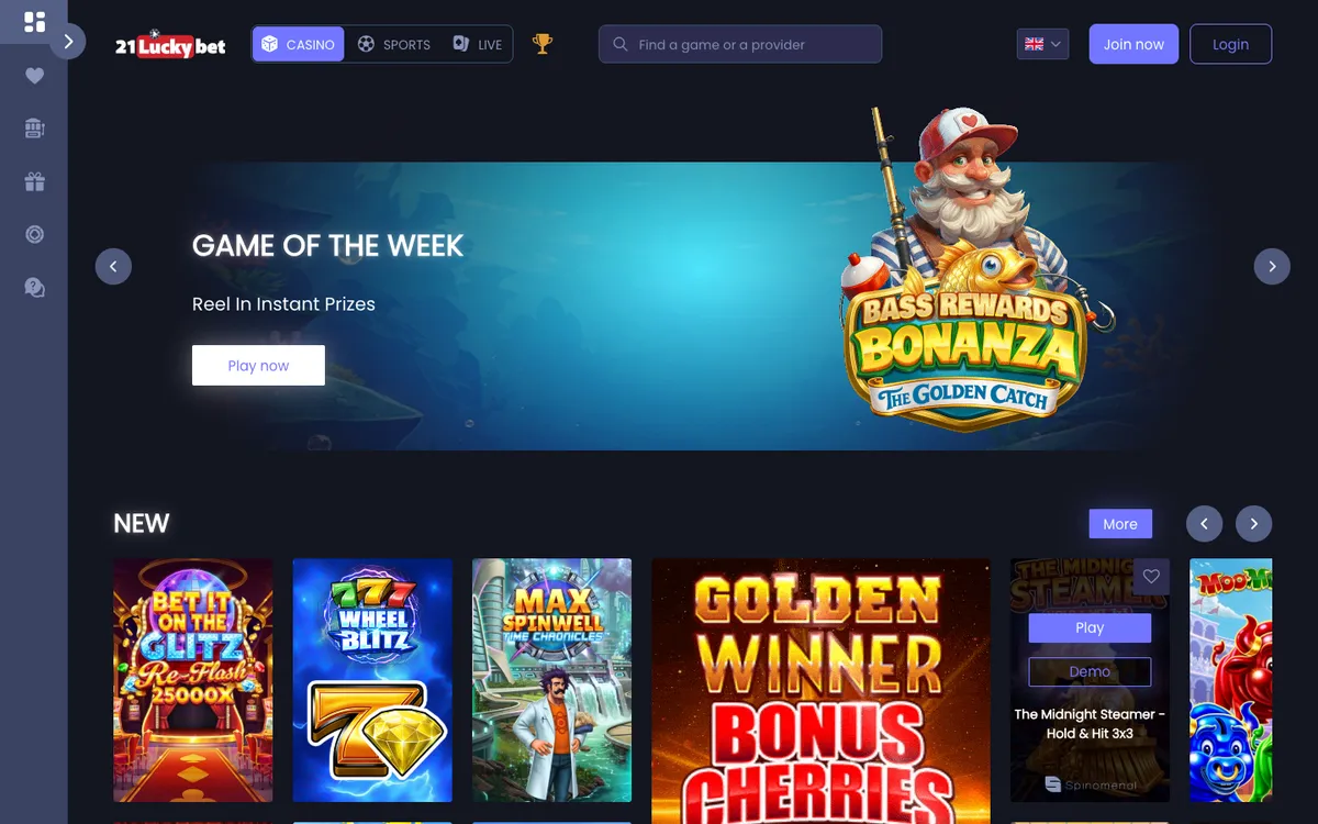 21LuckyBet Casino — Home page, captured from South Africa