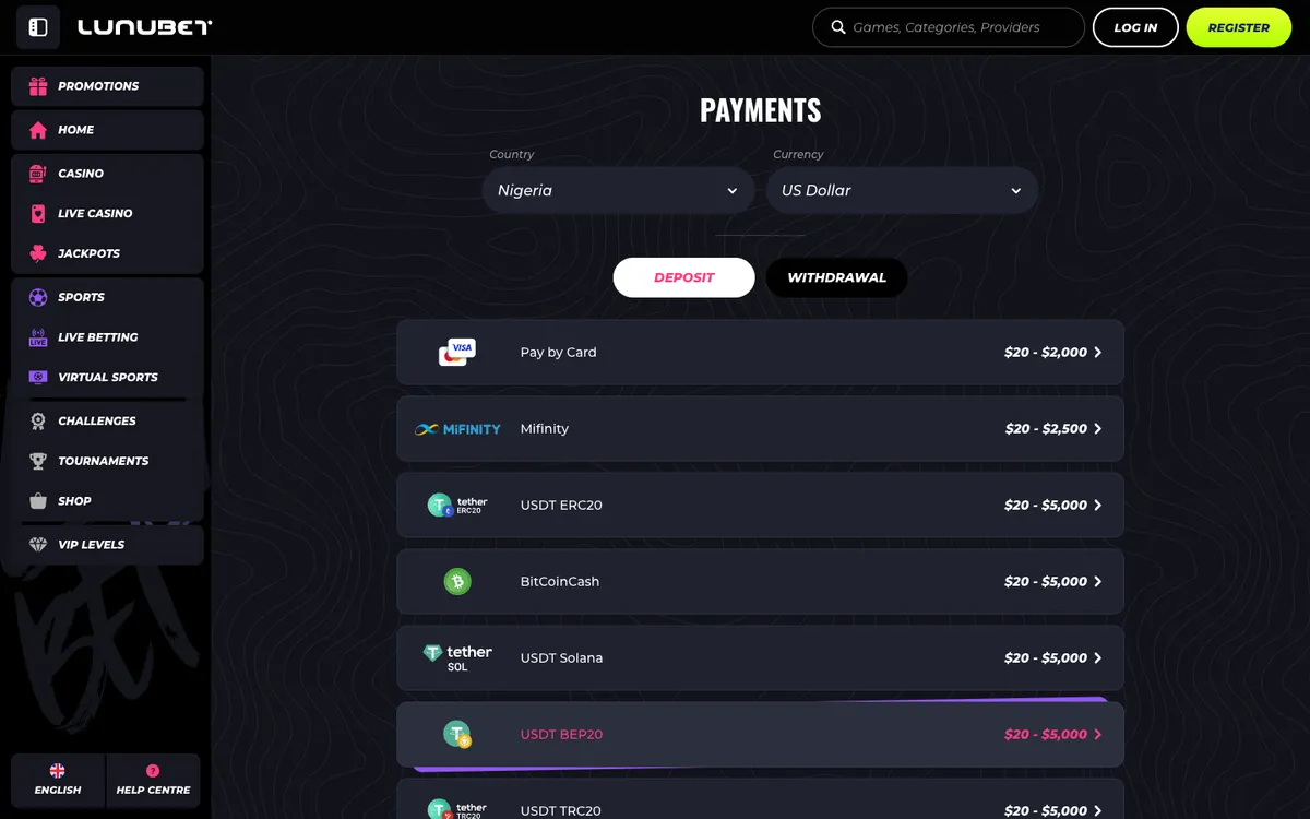 LunuBet Casino — Payments, captured from Nigeria