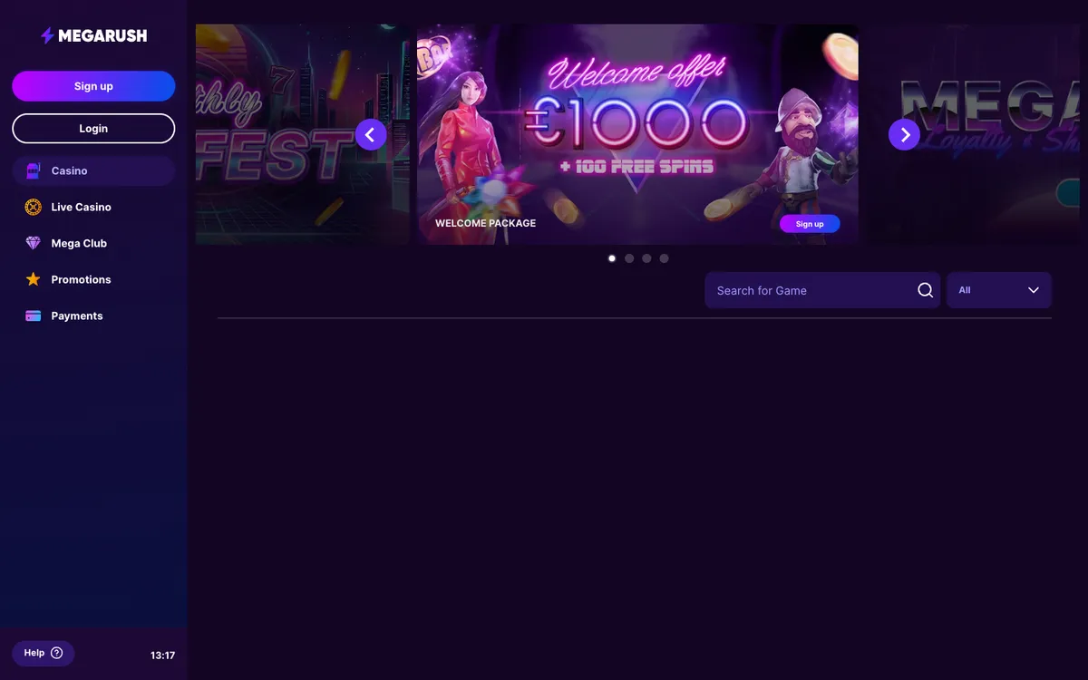 MegaRush Casino — Home page, captured from Spain