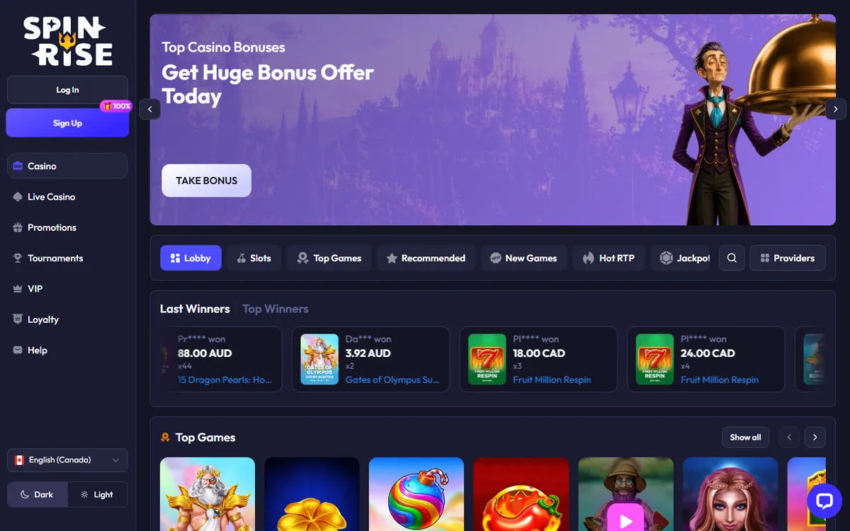 Spinrise Casino — «Главная», снято из страны Канада