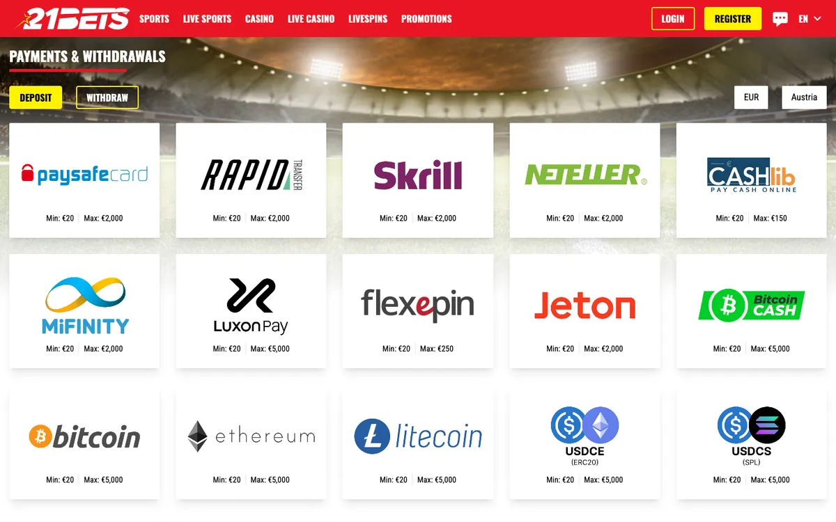 21bets.io Casino — Payments, captured from Austria