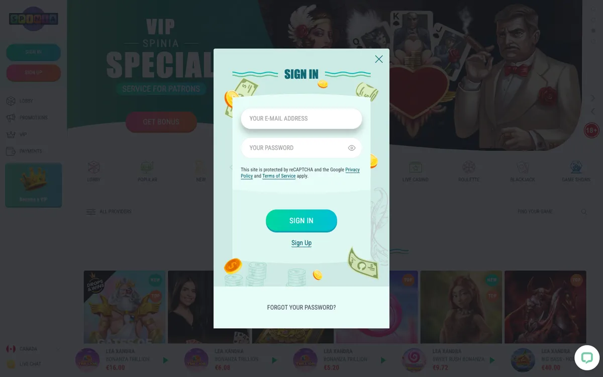 Spinia Casino — «Регистрация», снято из страны Канада