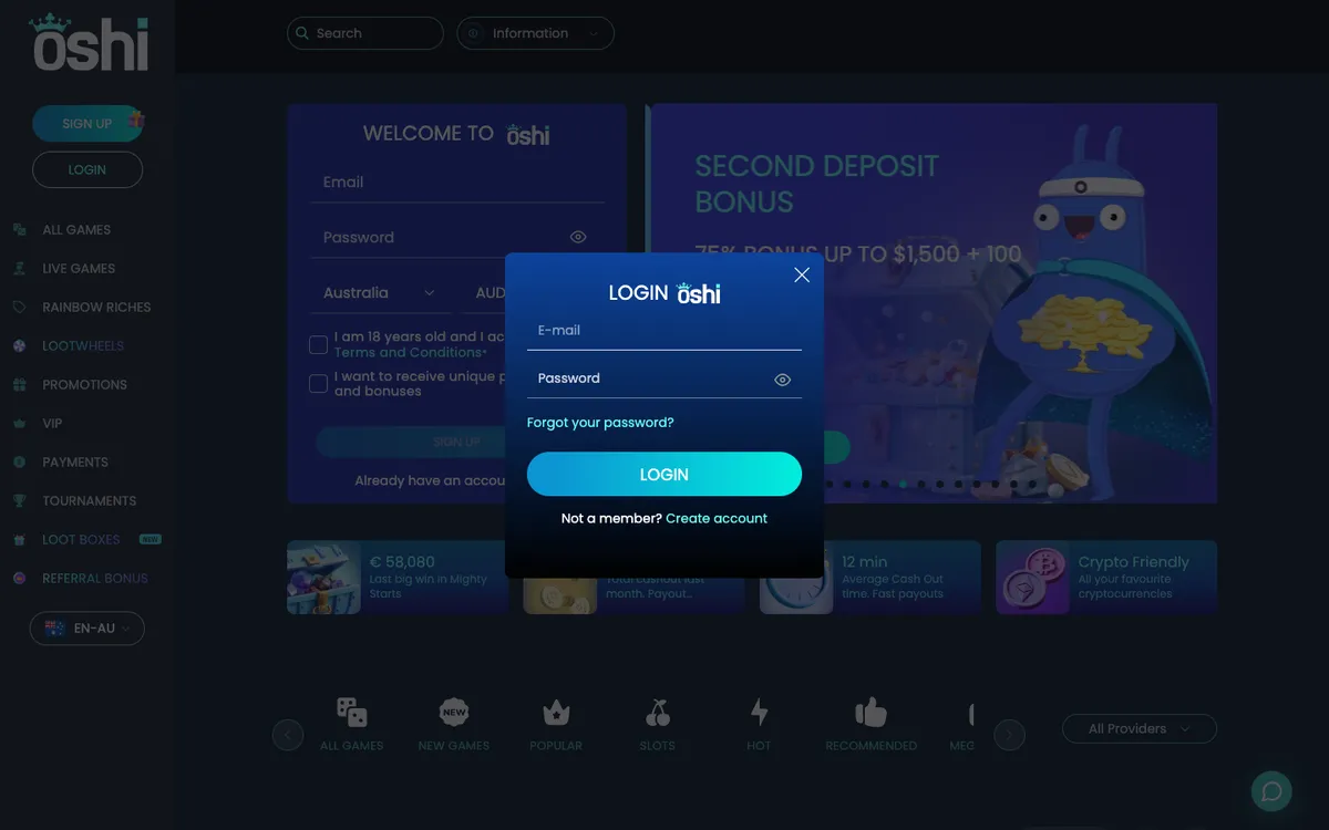 Oshi Casino — «Регистрация», снято из страны Австралия