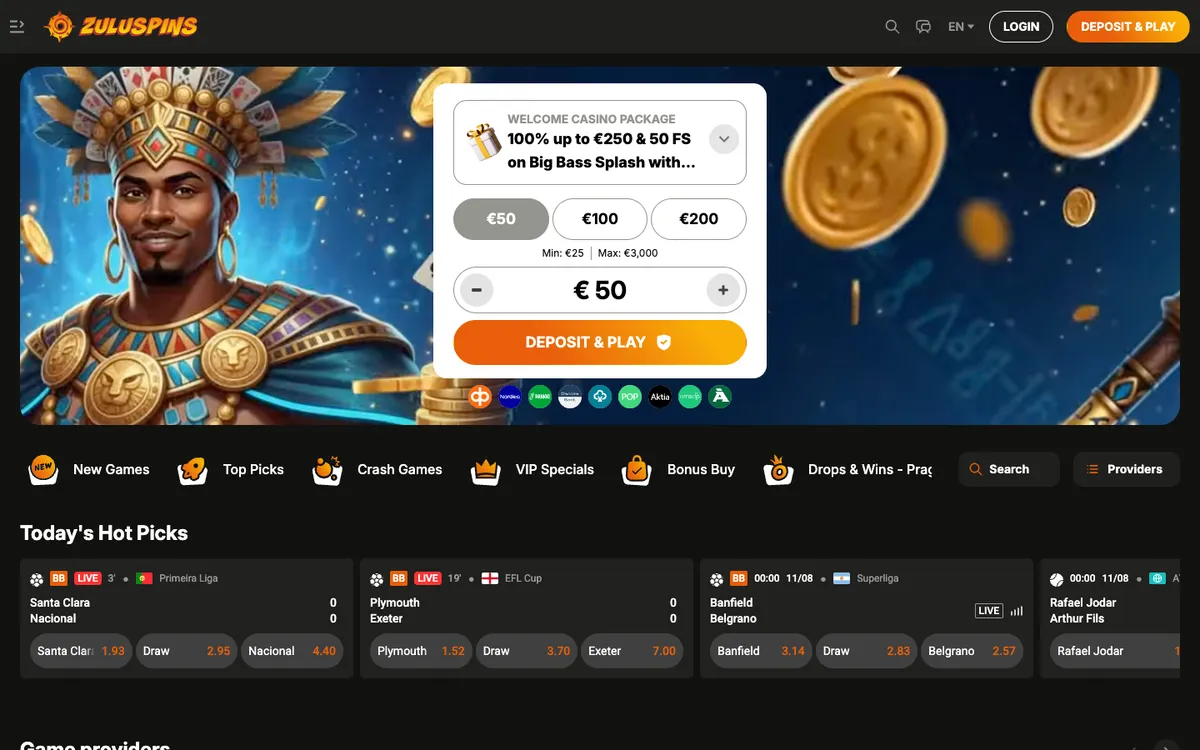 ZuluSpins Casino — Home page, captured from Finland