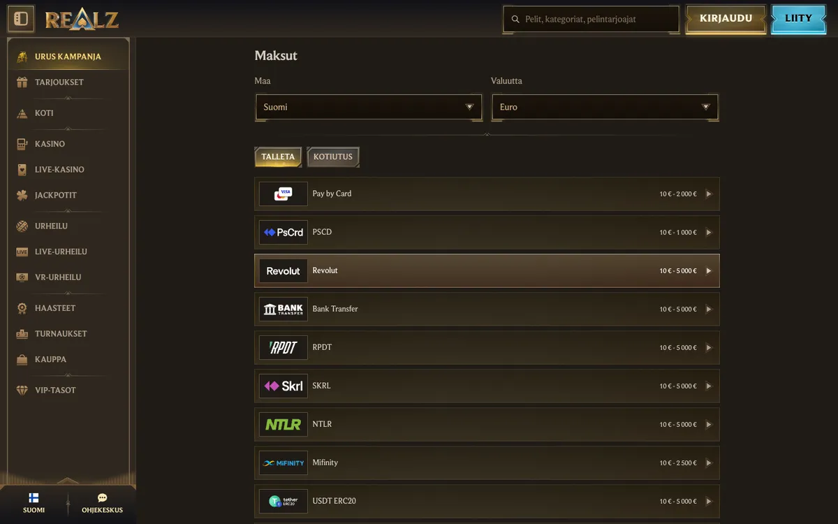 Realz Casino — «Платежи», снято из страны Финляндия