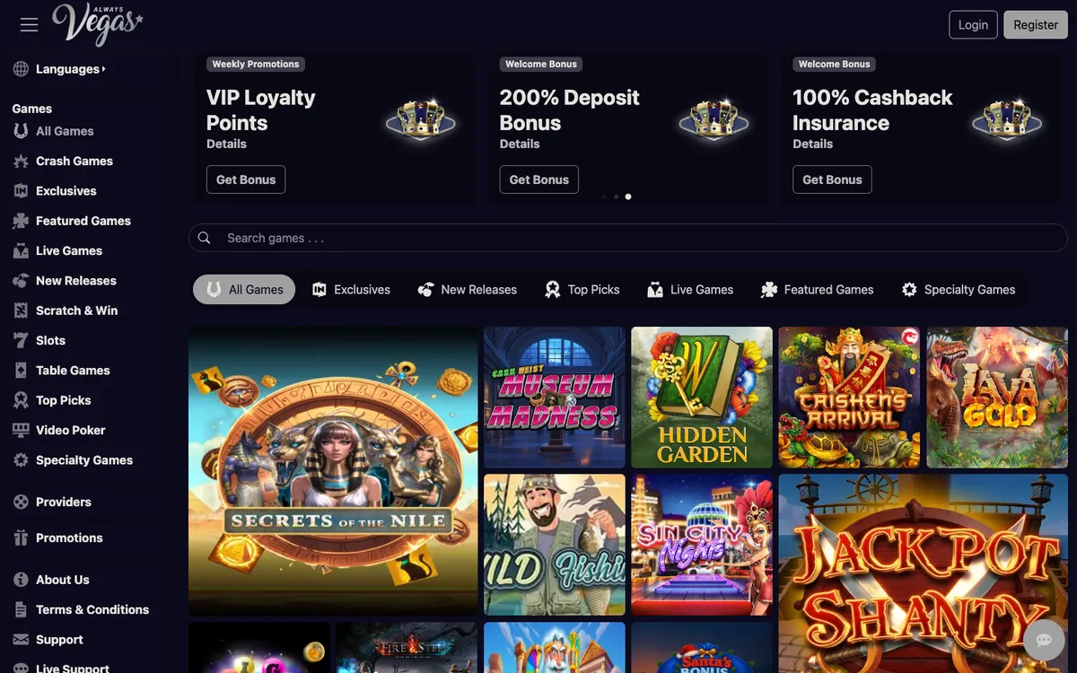Always Vegas Casino — Home page, captured from Australia