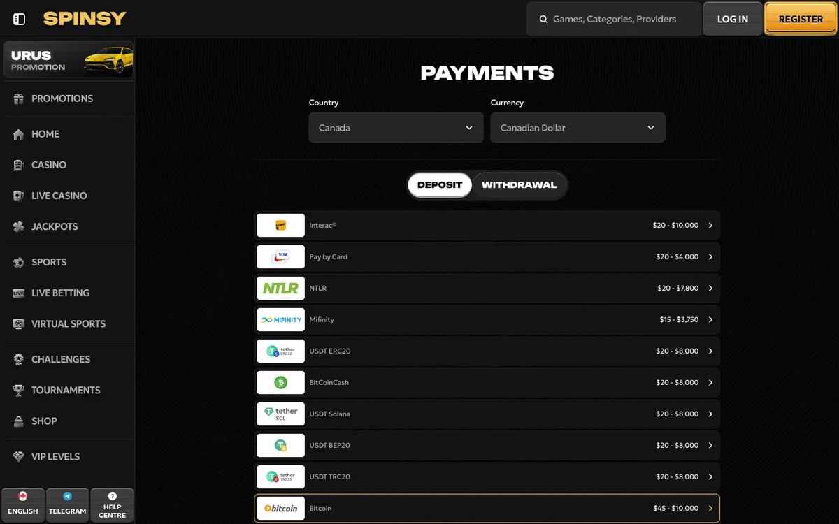 Spinsy Casino — Payments, captured from Canada