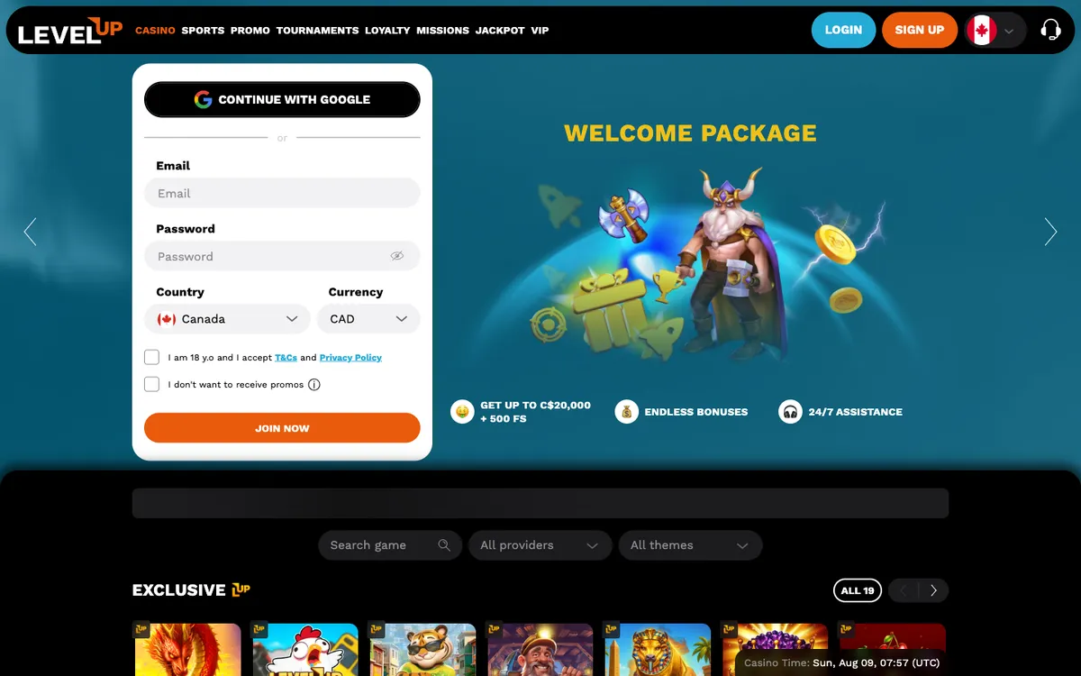 LevelUp Casino — «Главная», снято из страны Канада