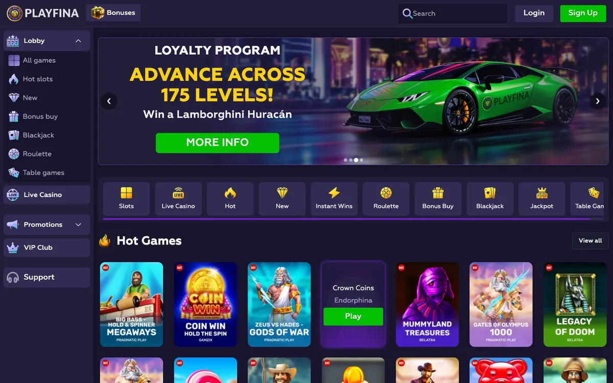 Playfina Casino — Home page, captured from Canada