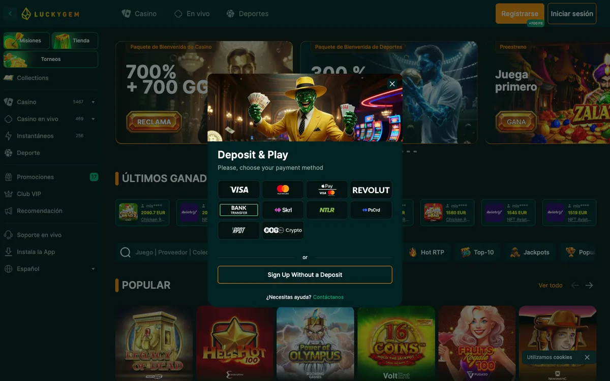 Luckygem Casino — Home page, captured from Spain