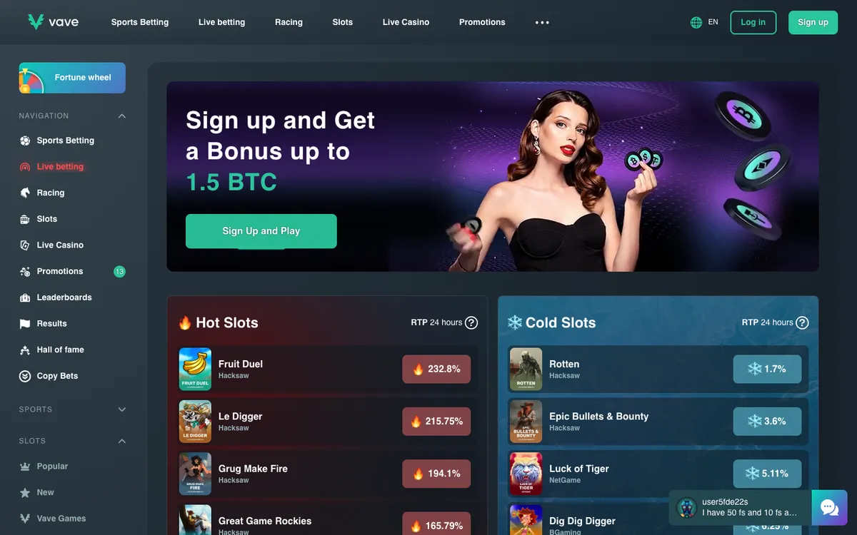 Vave Casino — Home page, captured from Canada