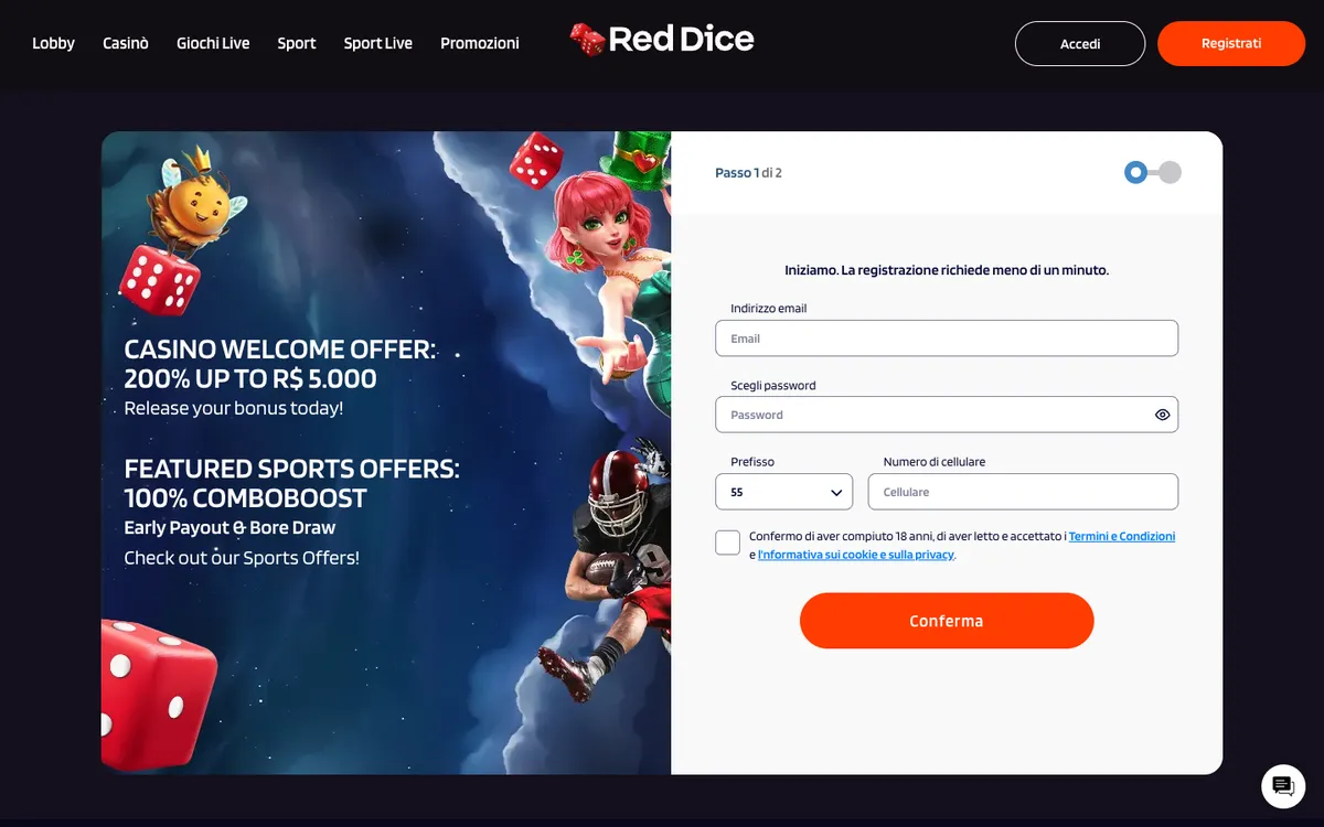 Red Dice Casino — Sign-up, captured from Italy