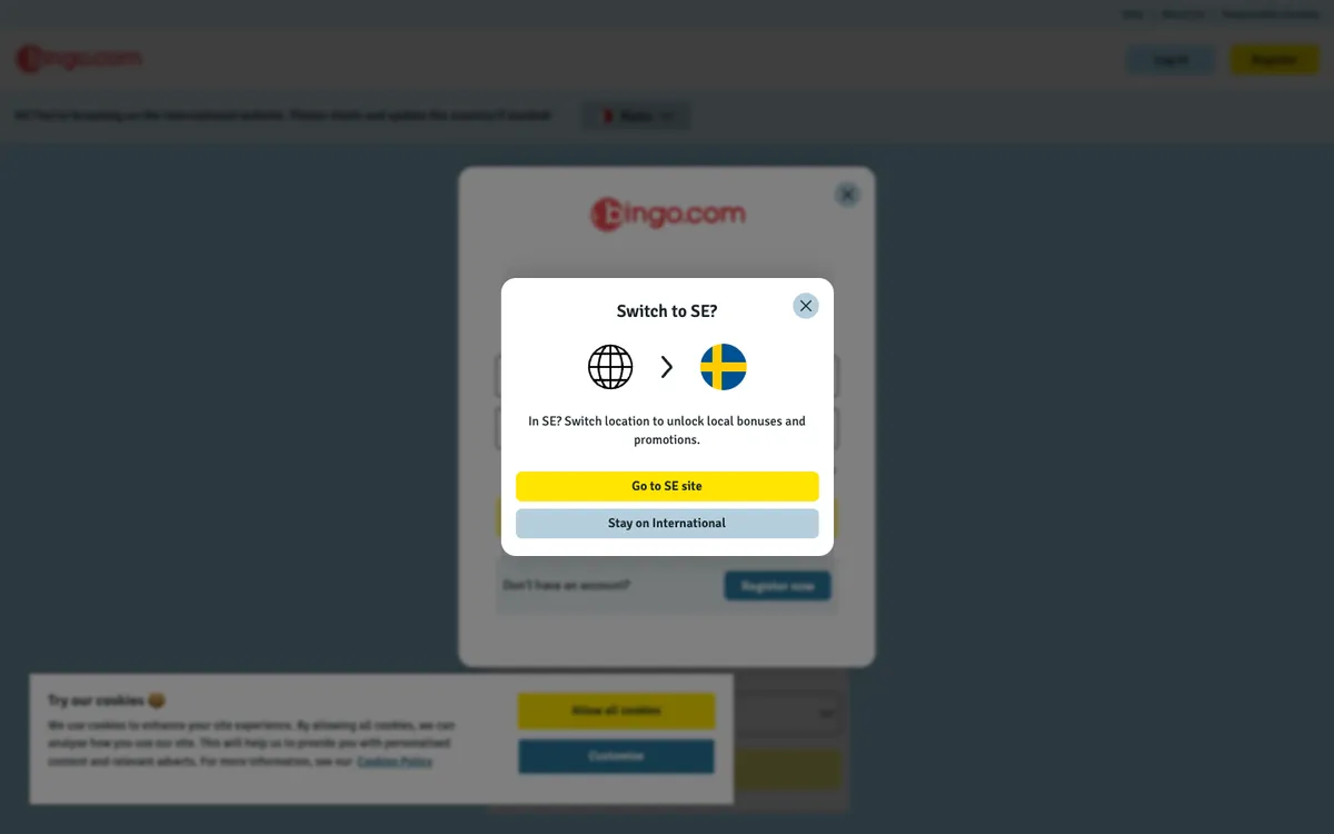 Bingo.com Casino — Sign-up, captured from Sweden